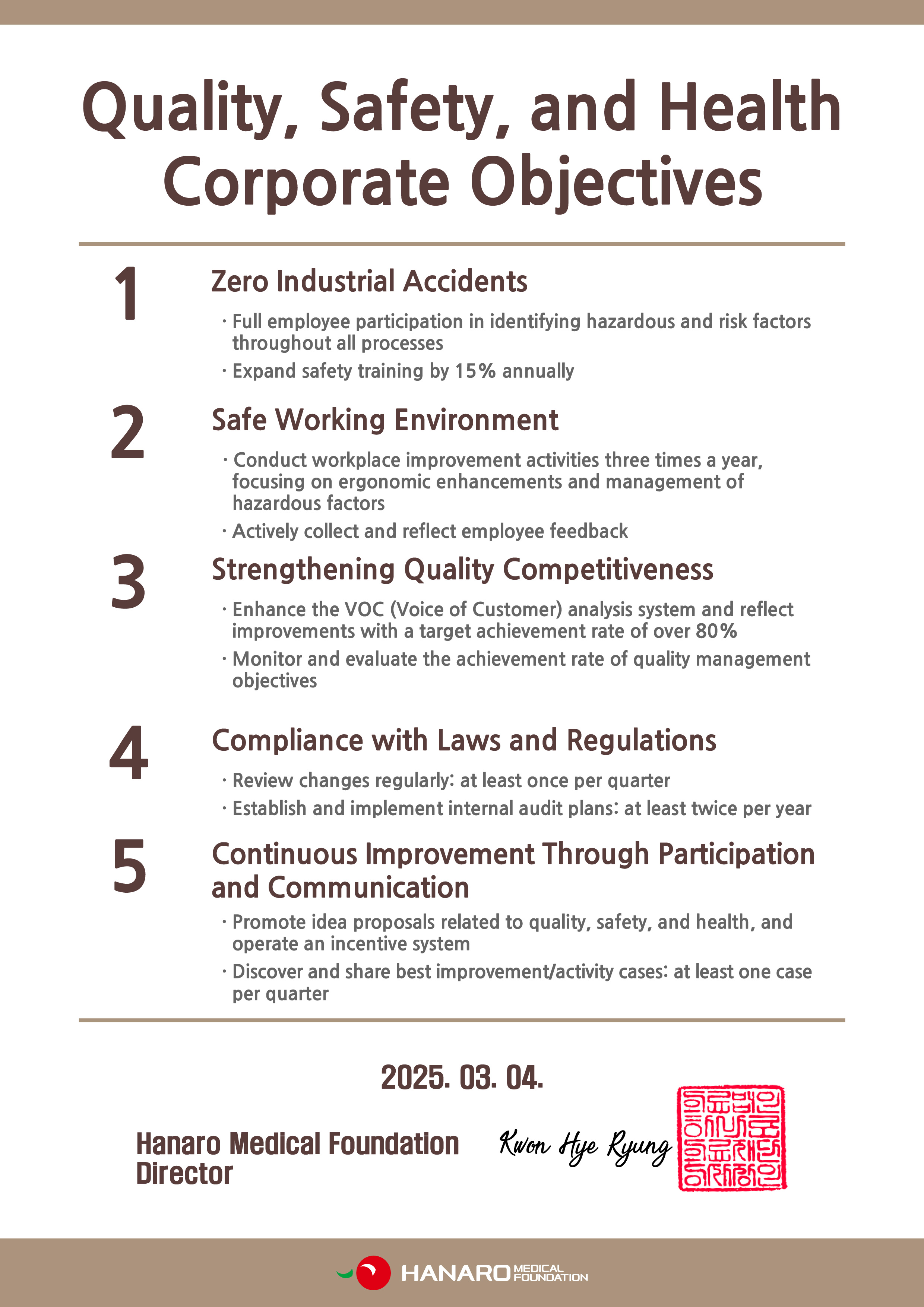 Quality, Safety, and Health Corporate Objectives